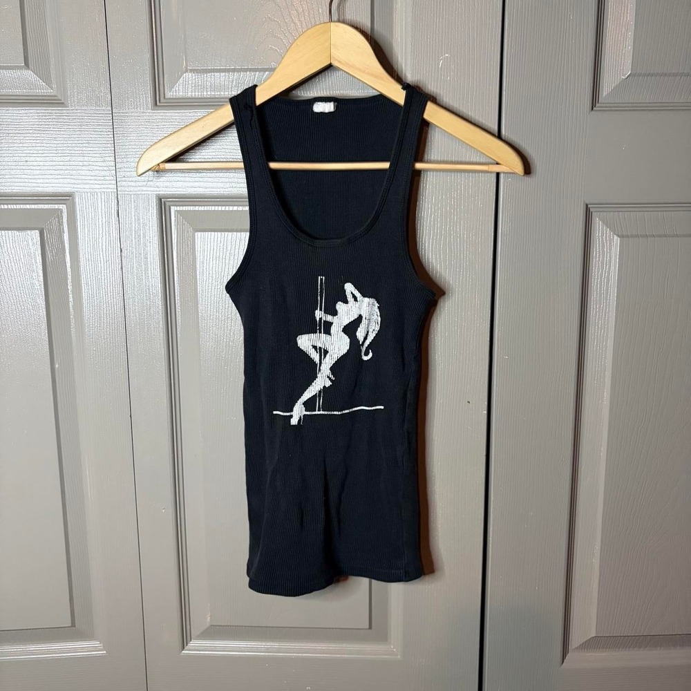 Y2K Pole Dancer Graphic Tank Top Black Ribbed Cami Grunge Biker Rave Small